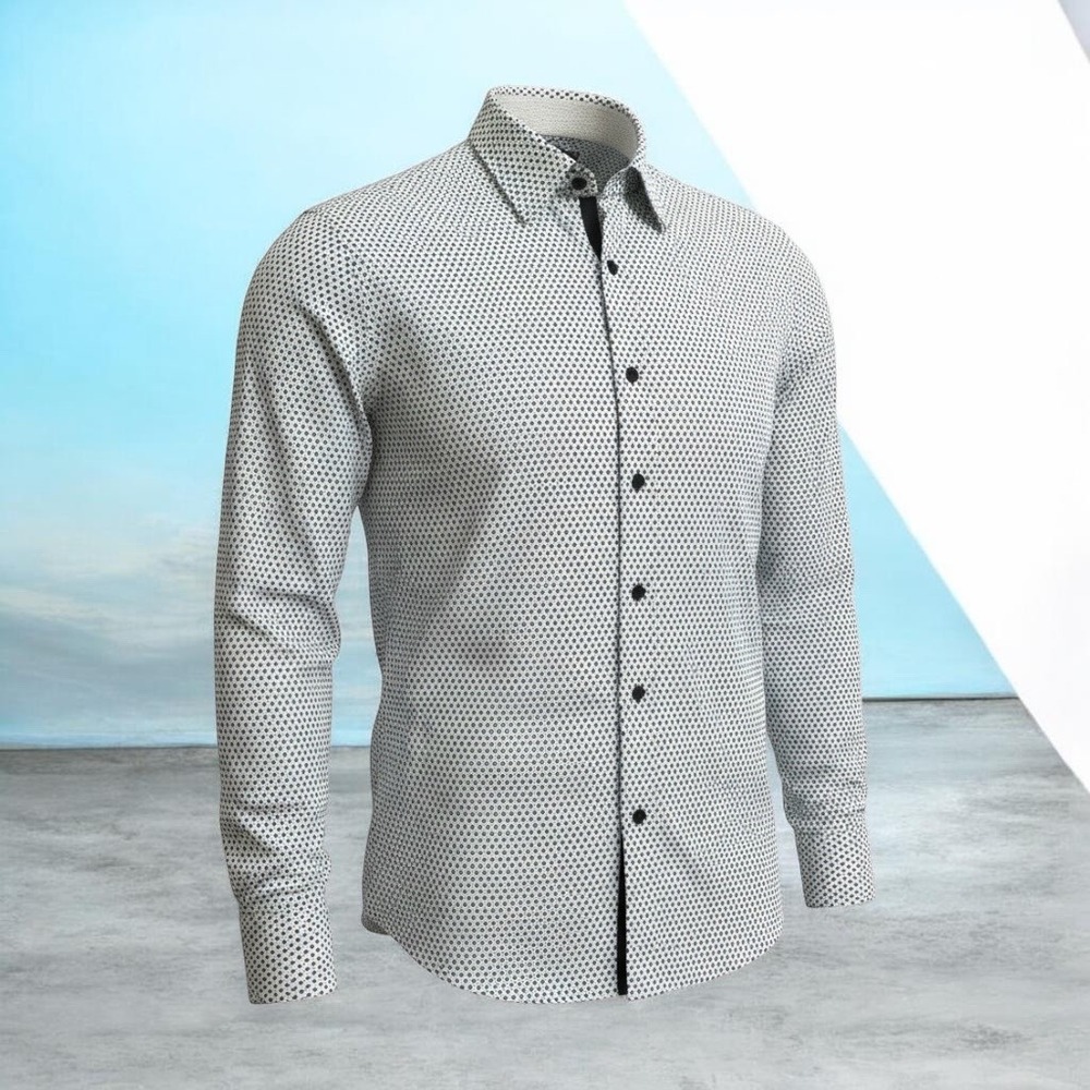 Hugo Boss Slim Fit Mens Long Sleeve Blue Black White Geo Pattern Dress Shirt L